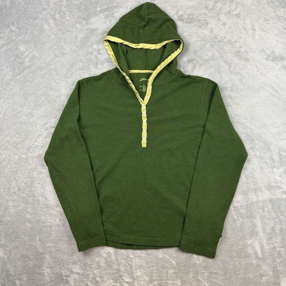 Eddie Bauer Hooded Thermal Henley Shirt Green Pima Cotton Blend Womens Medium